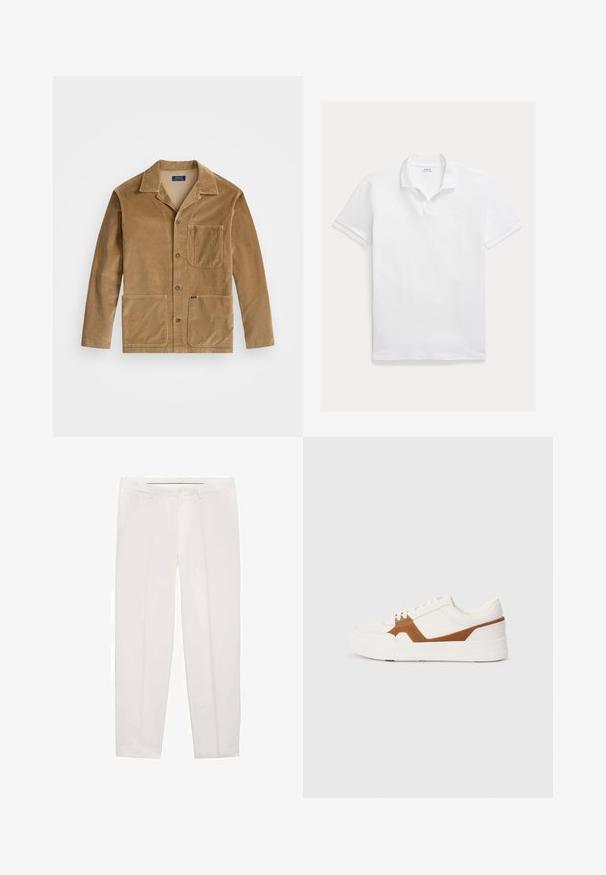 Kordjacka i beige med krage, framknappning och två stora fickor. Inkluderar en bröstficka och logotydlighet.; Vit pikétröja i bomull. Har en klassisk krage, korta ärmar och en broderad logotyp på bröstet. Slät, lätt textur.; Vita byxor i slät tyg, med rak benmodell, framfickor och en enda knappstängning vid midjan.; Vit sneaker med bruna mockadetaljer, med en texturerad yta, rund tå, tjock sula och traditionell snörning.