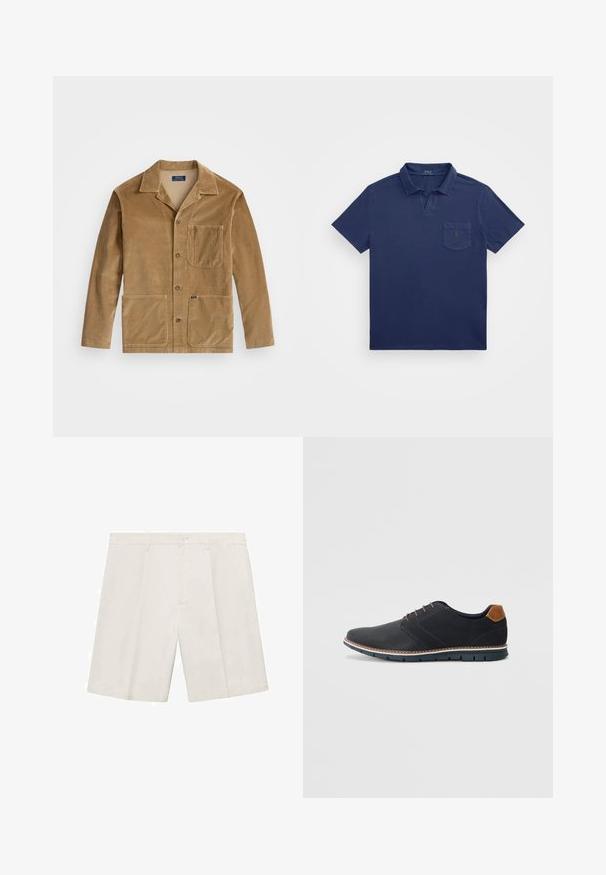 Katoenen jack in tan met een kraag, sluiting met knopen aan de voorkant en twee grote zakken. Inclusief een borstzak en logo-detail.; Navyblauwe poloshirt met een korte kraag, een borstzak en een geborduurd logo. Gemaakt van een zachte, gestructureerde stof.; Beige op maat gemaakte shorts, gemaakt van lichtgewicht stof. Kenmerken zijn een knoopsluiting, twee voorzakken en een recht model. Hete zachte textuur.; Zwarte synthetische schoenen met een gestructureerde bovenkant, gladde accenten, bruine hak en een contrasterende zool. Bevat minimale veters en stikdetails.