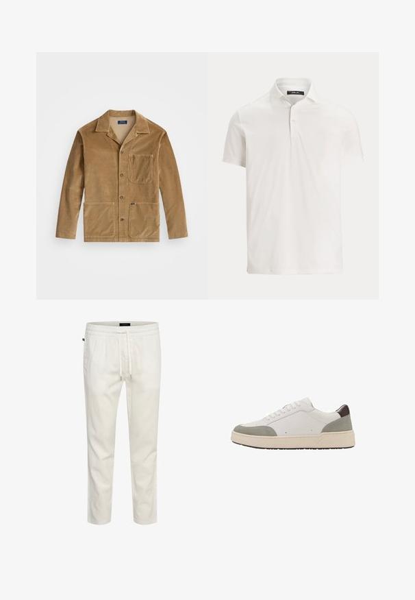 Katoenen jack in tan met een kraag, sluiting met knopen aan de voorkant en twee grote zakken. Inclusief een borstzak en logo-detail.; Witte korte mouw polo voor heren met een kraag, twee knopen en een subtiel logolabel aan de binnenkant van de kraag.; Witte, lichte katoenen joggers met een elastische tailleband, trekkoordsluiting en een relaxte pasvorm. Gladde textuur zonder patronen of accenten.; Witte sneaker met grijze suède en donkerbruine leren accenten. Heeft een vetersluiting, een ronde neus, een dikke witte rubberen zool en minimale stiksels.