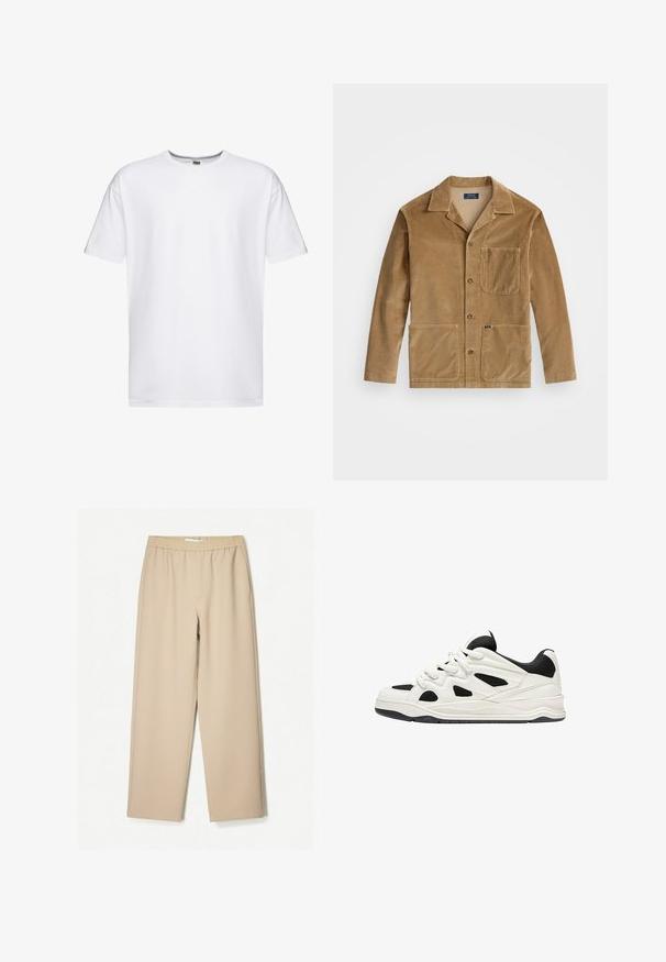 Väskjacka i tan med krage, framknäppning och två stora fickor. Inkluderar en bröstficka och logotypdetalj.; Valkoinen puuvillainen t-paita lyhyillä hihoilla, pyöreällä kaula-aukolla ja rentolla istuvuudella. Ei kuvioita tai logoja, sileä tekstuuri ja normaali pituus.; Harmaat leveät housut, joissa on joustava vyötärö, valmistettu pehmeästä kankaasta, ja joissa on sileä pinta sekä vähäiset ompeluyksityiskohdat.; Valkoiset ja mustat urheilukengät, joissa on teksturoitu pohja, sivuilla leikkauksia ja nauhoja, sekä pehmustettu takapohja tuen tarjoamiseksi.