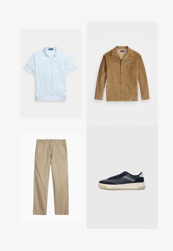 Varinės spalvos kordūroji striukė su apykakle, priekyje užsegama mygtukais ir dviem didelėmis kišenėmis. Taip pat turi krūtinės kišenę ir logotipo detalę.; Šviesiai mėlynas polo marškinėliai trumpomis rankovėmis, V formos iškirpte ir briaunuotu apykakliu. Ant krūtinės yra mažas logotipas, o apačia siaurėjanti. Minkšta audinio tekstūra.; Bežiniai tiesaus kirpimo chinos kelnės su diržo kilputėmis, priekyje esančia mygtuko ir užtrauktuko uždarymo sistema, bei šoninėmis kišenėmis.; BOSS BALTIMORE - Sportbačiai - open blue