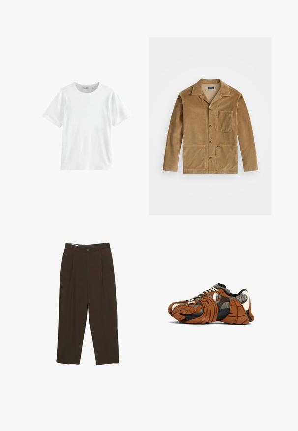 Giacca in corduroy color sabbia con colletto, chiusura anteriore con bottoni e due ampie tasche. Include una tasca sul petto e dettagli con logo.; T-shirt bianco in cotone con maniche corte, collo a giro e una texture a costine. Design semplice, adatto per un look casual. Nessun motivo o accento visibile.; Pantaloni sartoriali marrone scuro con pinces frontali, passanti per cintura e chiusura a bottone in vita.; Sneaker con una toma a rete testurizzata in marrone e grigio, con sovrapposizioni in gomma e una suola nera prominente. Chiusura con lacci e collo imbottito.