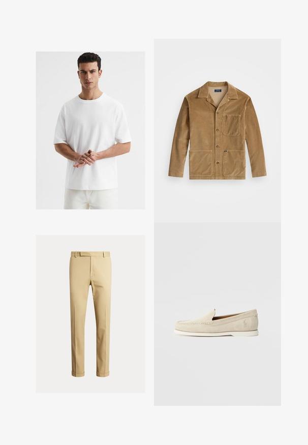 Varinės spalvos kordūroji striukė su apykakle, priekyje užsegama mygtukais ir dviem didelėmis kišenėmis. Taip pat turi krūtinės kišenę ir logotipo detalę.; Balta medvilnės marškinėliai su apvaliu kaklu, trumpomis rankovėmis, laisvu siluetu ir lygiu paviršiumi. Nėra matomų raštų ar akcentų.; Kaki chinos, pagaminti iš lygaus medvilnės audinio, turintys prigludusį siluetą, priekinę klostę ir manžetę ties kulkšnimis, siekiant siauresnio vaizdo.; Polo Ralph Lauren MERTON VENETIAN LOAFER - Mokasinai - milkshake