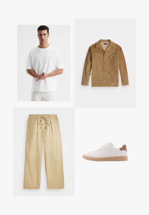 Béžová manšestrová bunda s límcem, zapínáním na tlačítka vpředu a dvěma velkými kapsami. Obsahuje také náprsní kapsu a detail s logem.; Bílý bavlněný tričko s kulatým výstřihem, krátkými rukávy, uvolněným střihem a hladkým povrchem. Žádné viditelné vzory nebo akcenty.; Beige kalhoty na stažení v pase s elastickým pasem, širokými nohavicemi, dvěma bočními kapsami a prošívanými detaily na lemu. Měkká, lehká tkanina.; Bílé kožené tenisky s hladkým povrchem, hnědé akcenty na patě a béžovou gumovou podrážkou. Mají ploché tkaničky a jednoduché boční prošívání.