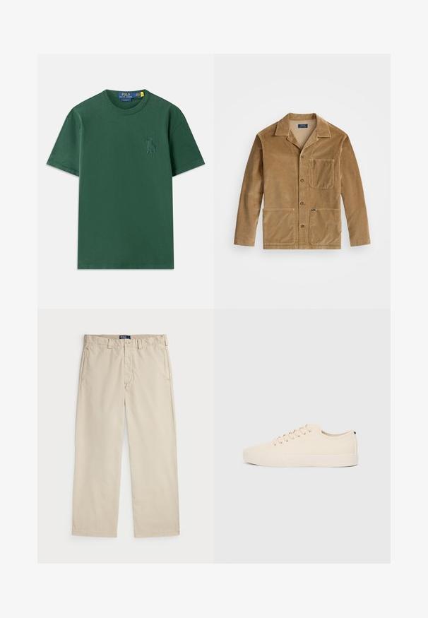 Kordfløyelsjakke i tan med kragehals, front lukking med knapper og to store lommer. Inkluderer en brystlomme og logodetaljer.; Grønn bomull t-skjorte med klassisk passform, med en subtil brodert logo på brystet. Rund hals og korte ermer.; Beige bomullschinos med rett ben-design, med knappelukking og to frontlommer. Glatt tekstur og ensfarget.; Beige lerretsko med rund tå, flat gummisåle og snøring foran. Har et minimalistisk design og en kontrasterende svart detalj ved hælen.