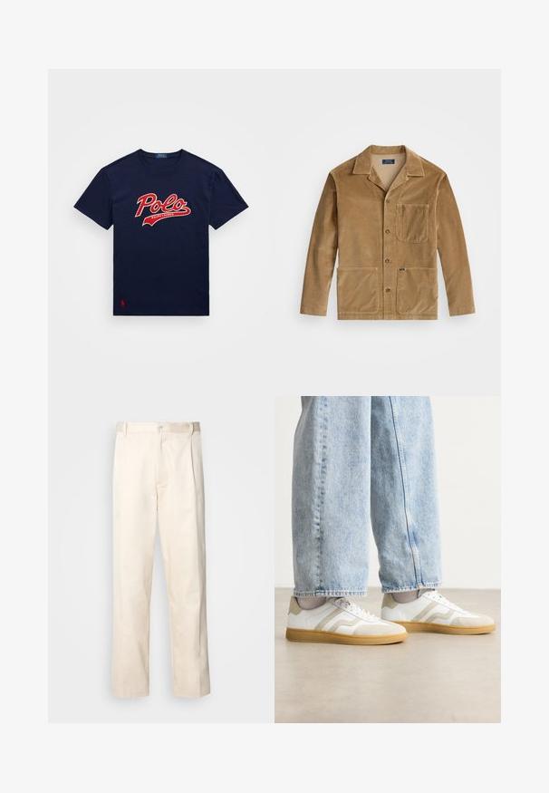 Béžová manšestrová bunda s límcem, zapínáním na tlačítka vpředu a dvěma velkými kapsami. Obsahuje také náprsní kapsu a detail s logem.; Námořnická modrá bavlněná tričko s velkým červeným logem "Polo" s bílými akcenty, krátkými rukávy a malým červeným logem na dolním levém rohu.; Bežové bavlněné kalhoty se střihy rovného nohavice, s knoflíkovým zapínáním a záhyby vpředu pro zvýraznění detailu.; Bílé tenisky s béžovými semišovými akcenty a světlými gumovými podrážkami; mají nízký střih a strukturované detaily na svršku.