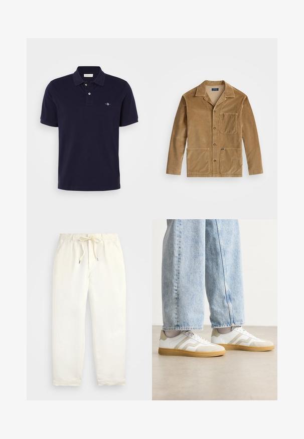 Barna kordbársony dzseki, galléros nyakkal, elöl gombos záródással és két nagy zsebbel. Tartalmaz egy mellzsebbel és logó részlettel is rendelkezik.; Kék póló, pamutból készült, klasszikus gallérral, két gombos, rövid ujjú, és egy kis hímzett logóval a mellkasán.; Világos krém színű, puha anyagból készült könnyed nadrág. Rugalmas derékpánttal és húzózsinórral rendelkezik, valamint keskenyített lábdesign jellemzi.; Fehér sportcipő bézs velúr részletekkel és világos gumitalppal; alacsony szárú kialakítással és texturált részletekkel az üstön.