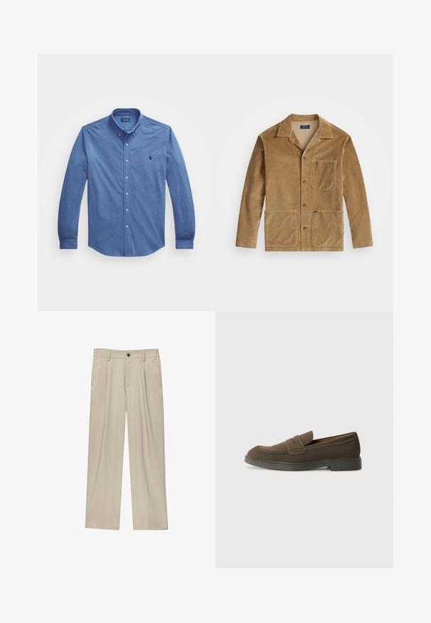 Béžová manšestrová bunda s límcem, zapínáním na tlačítka vpředu a dvěma velkými kapsami. Obsahuje také náprsní kapsu a detail s logem.; Modrá košile s dlouhým rukávem, se štíhlou tkaninou, klasickým límcem, knoflíkovou přední částí a malým vyšitým logem na hrudi.; Béžové kalhoty klasického střihu, se jedním černým knoflíkem, poutky na opasek a bočními kapsami. Hladká textilie a minimalistický design.; Hnědé semišové loafer boty s kulatou špičkou, páskem přes nárt a plochou gumovou podrážkou. Jednoduchý design s čistými liniemi a minimálním zdobením.
