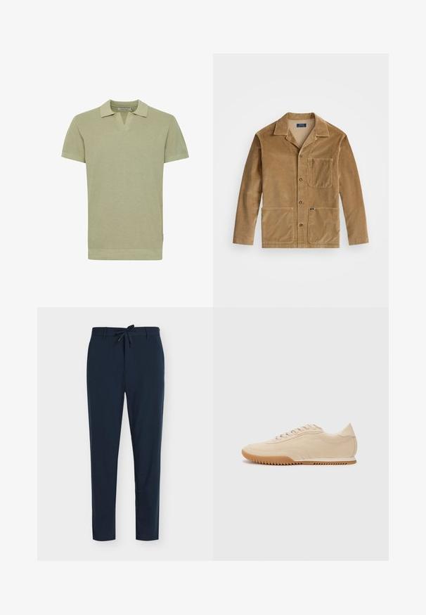 Kordfløyelsjakke i tan med kragehals, front lukking med knapper og to store lommer. Inkluderer en brystlomme og logodetaljer.; Kortermet polo skjorte i lys grønn strikket stoff med V-hals, kontrastkrage og ribbede detaljer i kanten.; Marineblå bukser laget av glatt stoff med snor i livet, med vertikalt stripemønster og innsnevret bendesign.; Beige ruskinn sneakers med et strømlinjeformet design, med en teksturert overdel, rund tå, og en gummisåle med et sikksakk-mønster.