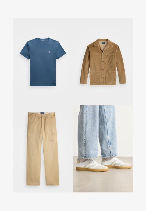Kordfløyelsjakke i tan med kragehals, front lukking med knapper og to store lommer. Inkluderer en brystlomme og logodetaljer.; Polo Ralph Lauren CUSTOM SLIM FIT JERSEY CREWNECK T-SHIRT - T-shirts - clancy blue; Beige bomullsbukser med rett snitt. Har slitte lapper og broderte detaljer foran. Klassisk knapp- og glidelås-lukking.; Hvite sneakers med beige semsket skinn-detaljer og lette gummisåler; har et lavt design og teksturdetaljer på overdelen.