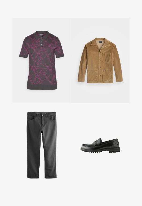 Varinės spalvos kordūroji striukė su apykakle, priekyje užsegama mygtukais ir dviem didelėmis kišenėmis. Taip pat turi krūtinės kišenę ir logotipo detalę.; Pilkas polo marškinėliai su geometriniu rožiniu raštu, trumpomis rankovėmis, klasikiniu apykakle ir trimis mygtukais.; Tamsiai pilki džinsai su tiesiu sijonu, penkiais kišenėmis ir mygtukų užsegimu. Medžiaga yra lygi ir turi minimalų dekoravimą.; Juodi odiniai loafersai su lygiu paviršiumi, dekoruoti siuvinėjimu, turintys žemą pakeltą kulną ir tvirtą gumos padu su traukos funkcija.