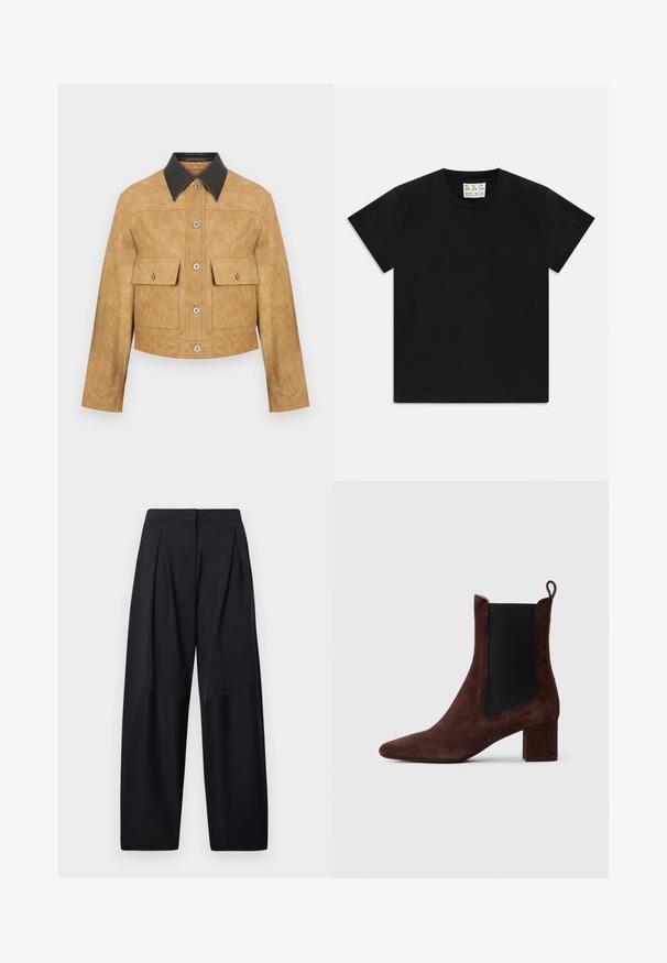 Jachetă scurtă din piele maro cu guler negru, având două buzunare frontale și închidere cu nasturi tip snap. Textură netedă cu un finisaj mat.; Tricou negru cu mânecă scurtă și guler rotund, având un etichetă albă în interiorul gulerului, inscripționată cu "D.R.C. EST. 2002" pe un fundal alb.; Pantaloni cu picioare largi, de culoare bleumarin, cu pliseuri în față, având un material neted și o talie curată pentru un aspect ajustat.; Botine din suede maro închis, cu toc pătrat, inserție elastică neagră pe lateral și bandă de prindere în spate, plasate pe un fundal deschis.