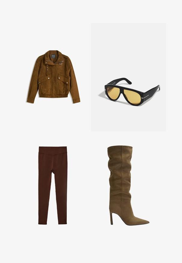Hnědá surová bomber bunda s tiskacími stříbrnými knoflíky, dvěma předními klopovými kapsami, zipovým zapínáním a sponou na límci.; Hnědá a krémová kostičkovaná flanelová košile s límečkem, dlouhými rukávy, dvěma náprsními kapsami a knoflíkovým zapínáním. Obsahuje značka na kapse.; Hnědý body s nastavitelnými špagetovými ramínky a krajkovým lemem na hlubokém výstřihu do V. Hladká textura, přiléhavý design a vysoký střih nohavic.; Hnědé legíny s vysokým pasem a širokým elastickým pasem a přiléhavými nohavicemi, položené na bílé pozadí.; Olive green semišové vysoké boty po kolena s špičatou špičkou, uvolněným designem svršku a stiletto podpatkem, s viditelnými švy.; Černé sluneční brýle s geometrickým rámem, žlutými skly a zlatými akcenty na stranicích. Hladká textura, široký tvar, moderní design.
