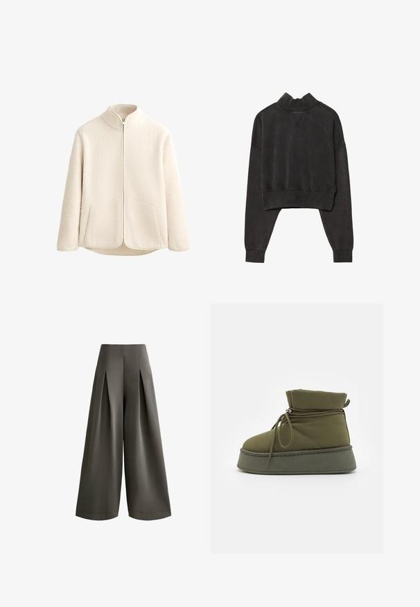 Pehmeä fleece-takki luonnonvalkoisena, jossa on korkea kaulus, vetoketju koko pituudelta ja kaksi sivutaskua. Pehmeä rakenne, jossa on teksturoitu ulkopinta.; Musta lyhyt huppari, jossa on korkea kaulus, pitkät hihat ja ribbaushelma. Pehmeä tekstuuri, minimaaliset saumat ja rento istuvuus.; Vähärihkaiset leveät housut hillityssä oliivinvihreässä. Valmistettu sileästä kankaasta, jossa on syvät etupintatuulet. Neulettuna korkealla vyötäröllä ja pukeutuvalla istuvuudella.; Oliivivärvi keskmise säärega saapad, millel on pehme kangas ja nööbid, platvormi tald ning tikitud tekstuuriga detailid.