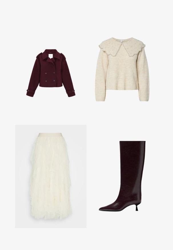 Burgundy double-breasted jacket made of soft fabric with shoulder epaulettes and large buttons. Cropped design with long sleeves.; Cream-colored sweater with a scalloped collar and silver bead accents. Made from textured, soft fabric. Features long sleeves and a relaxed fit.; Cream tulle skirt with layered ruffles. Features a smooth waistband and a textured, sheer finish. Falls to mid-calf length.; Knee-high burgundy leather boot with a sleek, textured finish, pointed toe, and a thin, stacked heel for added elevation.