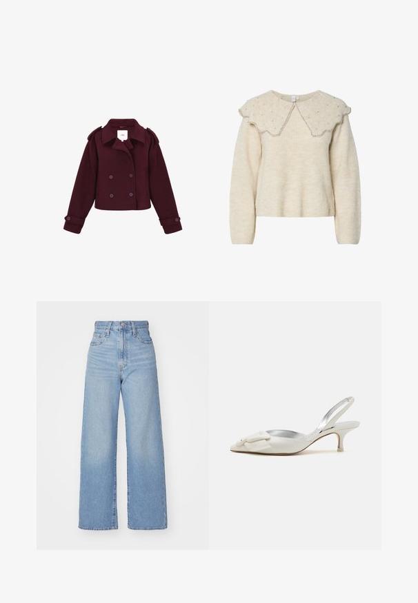 Burgunderfärgad dubbelknäppt jacka i mjukt tyg med axelremmar och stora knappar. Korta ärmar och kort design.; Krämfärgad tröja med en scalloped krage och silverpärlprydnader. Tillverkad av ett strukturerat, mjukt tyg. Har lång ärm och en avslappnad passform.; Ljusblå högmidjade vida jeans med knapp- och dragkedjestängning, fram- och bakfickor, mot en vit bakgrund.; Vita slingbackklackar med spetsig tå, prydda med en dekorativ rosett, silverfoder och en liten, avsmalnande klack. Slät läderstruktur.