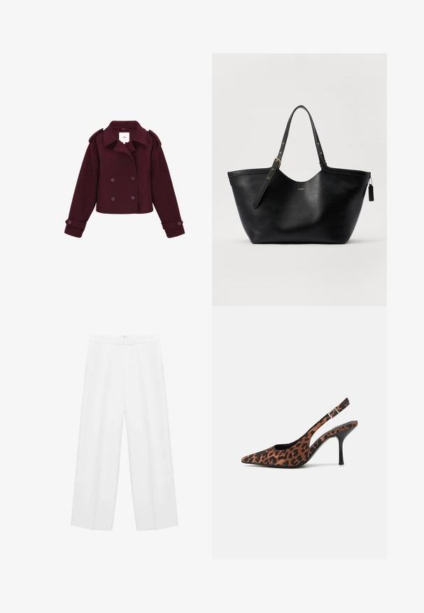 Giacca doppiopetto bordeaux realizzata in tessuto morbido, con spalline e bottoni grandi. Design corto con maniche lunghe.; Maglione color crema con colletto a scallop e dettagli in perline argentate. Realizzato in un tessuto morbido e testurizzato. Presenta maniche lunghe e una vestibilità rilassata.; Pantaloni bianchi a gamba larga con una texture morbida, caratterizzati da una vita alta e due tasche laterali. Design semplice senza motivi visibili.; Decollete con stampa leopardata e tacco a stiletto glossy nero, dotate di cinturino alla caviglia regolabile. Materiale morbido con finitura testurizzata.; Borsa tote in pelle nera con una forma strutturata, doppio manico e dettagli in hardware dorato. Presenta una texture liscia e un'etichetta decorativa.