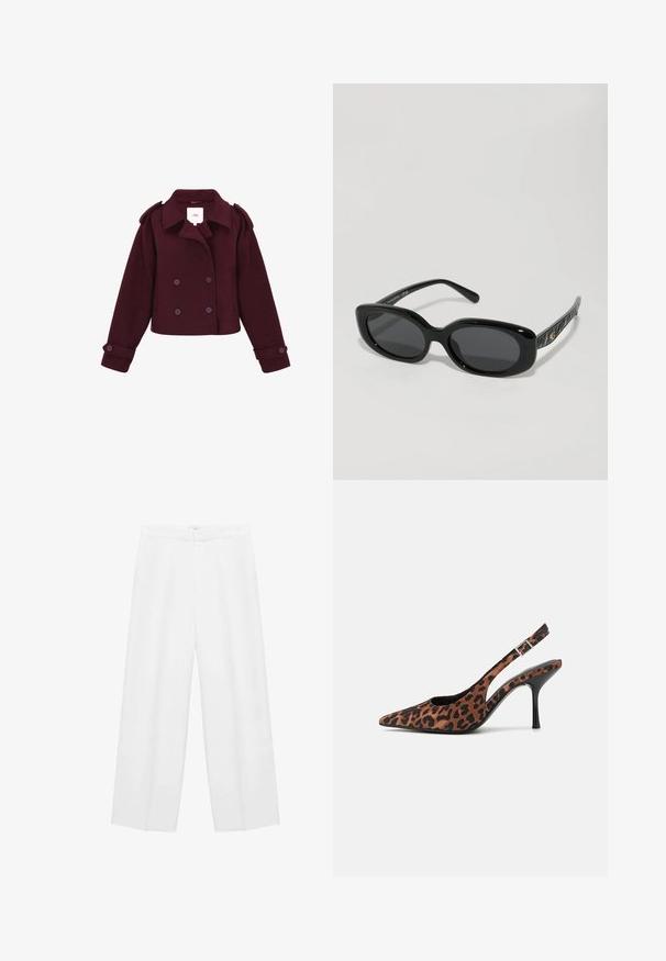 Burgundy double-breasted jacket made of soft fabric with shoulder epaulettes and large buttons. Cropped design with long sleeves.; Cream-colored sweater with a scalloped collar and silver bead accents. Made from textured, soft fabric. Features long sleeves and a relaxed fit.; Wide-leg white trousers with a smooth texture, featuring a high waistband and two side pockets. Simple design with no visible patterns.; Leopard-print slingback high heels with a pointed toe, black glossy heel, and adjustable ankle strap. Soft material with a textured finish.; Black sunglasses with oval frames, dark lenses, and glossy plastic material; textured black arms feature gold logo accents.