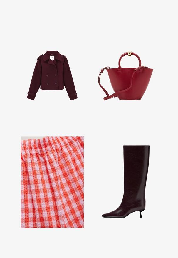 Burgunderfärgad dubbelknäppt jacka i mjukt tyg med axelremmar och stora knappar. Korta ärmar och kort design.; Krämfärgad tröja med en scalloped krage och silverpärlprydnader. Tillverkad av ett strukturerat, mjukt tyg. Har lång ärm och en avslappnad passform.; Rött och rosa tyg med ginghamrutig mönster och texturerad yta, med resår i midjan för komfort och flexibilitet.; Knähöga bourgogne läderstövel med en slät, texturerad yta, spetsig tå och en tunn, staplad klack för extra höjd.; Röd läderhandväska med rundad topp, strukturerad konform, kort handtag och avtagbar axelrem. Har guldiga hårdvaruaccenter.