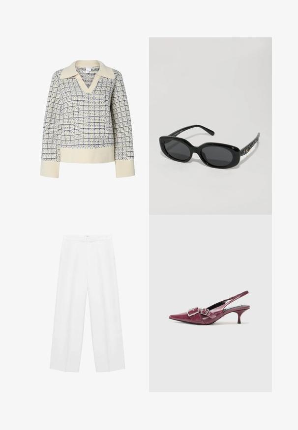 Bordo dvostruko zakopčana jakna iz mekog materijala s ramenim epauletima i velikim dugmadima. Skraćeni dizajn s dugim rukavima.; Kremni pulover s V-izrezom in širokim ovratnikom, okrašen z modrim karirastim vzorcem. Rebrasti manšeti in rob, teksturirana tkanina.; Široke bele hlače z gladko teksturo, ki imajo visok pas in dve stranski žepki. Preprost dizajn brez vidnih vzorcev.; Burgundska usnjena škornja s trakami z usnjeno konico, majhno peto in dvema sponkama. Gladka tekstura z vdelanim šivom.; Črne sončne očala z ovalnimi okvirji, temnimi lečami in sijajnim plastičnim materialom; teksturirane črne ročice imajo zlate logotipne dodatke.