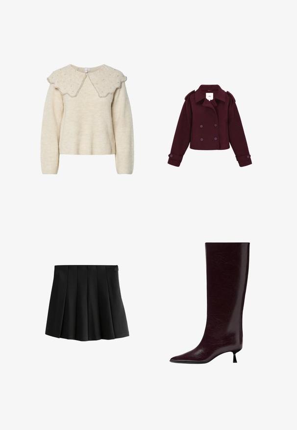 Burgundska dvoredna jakna izrađena od mekog materijala s epauletima na ramenima i velikim dugmadi. Skraćeni kroj s dugim rukavima.; Svijetlosmeđi pulover s oštrim ovratnikom i srebrnim perlicama. Izrađen od teksturirane, mekane tkanine. Ima duge rukave i ležeran kroj.; Crna mini suknja na plisiranje s glatkim pojasom i strukturiranim obrnutim kutnim plisama, izolirana na bijeloj pozadini.; Čizmice od bordo kože do koljena s glatkom, teksturiranom završnom obradom, šiljastim nožnim dijelom i tankim, složenim potplatom za dodatnu visinu.