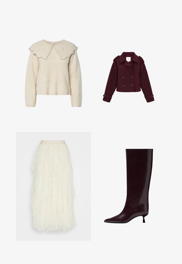 Burgundská dvojradová bunda vyrobená z mäkkej tkaniny, s ramennými výložkami a veľkými gombíkmi. Skrátený strih s dlhými rukávmi.; Krémový sveter s volánovým golierom a striebornými korálkami. Vyrobený z texturovanej, mäkkej tkaniny. Má dlhé rukávy a uvoľnený strih.; Krémová tylová sukňa s vrstvami volánov. Obsahuje hladký pás a textúrovaný, priesvitný povrch. Dĺžka je po kolená.; Knee-high bordové kožené čižmy s hladkým, textúrovaným povrchom, špicatou špičkou a tenkým, vrstveným podpätkom pre dodatočné zvýšenie.