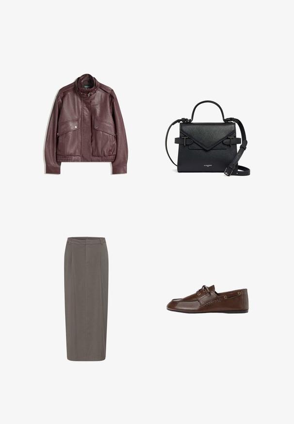 Dark maroon leather jacket with high collar, front snap-button pockets, zipper, and belt buckle closure at collar, laid flat on white background.; White short-sleeve t-shirt made from soft fabric, featuring a crew neckline and rolled cuffs, with a tag visible at the back.; Gray pencil skirt with a straight silhouette, featuring front pleats, a waistband, and smooth texture. No visible fastenings or pockets.; Brown leather slip-on shoes with a smooth texture, featuring decorative stitching and round eyelets. Flat sole with a rounded toe design.; Small black leather handbag with a structured design, featuring a triangular flap and adjustable strap. Hardware accents in black metal.
