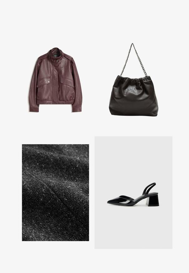 Tmavě vínová kožená bunda s vysokým límcem, předními kapsami na cvoky, zipem a přezkou na límci, položená na bílém pozadí.; Černé tričko s krátkým rukávem vyrobené z měkké látky. Má klasický kulatý výstřih a volný střih. Žádné vzory nebo akcenty nejsou viditelné.; Černá texturovaná látka s propletenými světlejšími flíčky, která vykazuje jemný tkaný vzhled a subtilní, různorodý vzor.; Černé lakované kožené lodičky na pásku s špičatou špičkou a geometrickým blokovým podpatkem. Vyznačují se elegantním, minimalistickým designem a hladkým povrchem.; Hnědá kožená taška se sbíraným vrškem a řetízkovým popruhem. Hladký povrch s lesklým finišem a jemným švem na bocích.