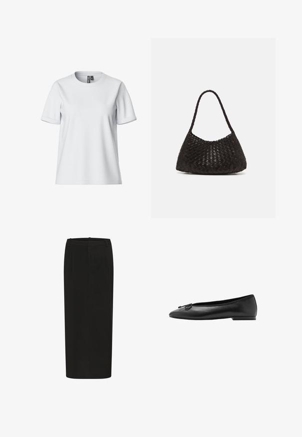 Dark maroon leather jacket with high collar, front snap-button pockets, zipper, and belt buckle closure at collar, laid flat on white background.; White short-sleeve t-shirt made from soft fabric, featuring a crew neckline and rolled cuffs, with a tag visible at the back.; Black pencil skirt with a straight silhouette, made of solid fabric, featuring front pleats and a low waistband. No visible fastenings.; Black leather ballet flats featuring a rounded toe, slim silhouette, and a decorative bow on the front. Low, rectangular heel.; DRAGON DIFFUSION ROSANNA - Handbag - dark brown