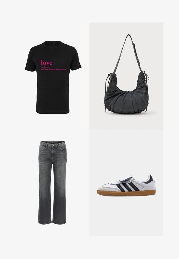 Temno marin usnjeni jakni z visokim ovratnikom, žepi na gumb, zadrgo in zaponko za pas na ovratniku, položeni na belo ozadje.; Črna bombažna majica s kratkimi rokavi, ki ima na sprednji strani osredotočen roza napis "ljubezen" in njegovo latinsko definicijo. Oblika z okroglim izrezom.; Široke jeans hlače iz temno sive denima, z klasičnim petimi žepi, šivanim detajlom in gumbom za zapiranje na pasu.; Beli usnjeni športni copati z bližnjicami v črni barvi in s sivo obrobo, z okroglo konico in gumo iz gumijastega materiala. Zapiranje na ježka in vezalke.; Črna mehka torbica za rame z nabranimi detajli, nastavljivim trakom in zavezovanjem na vsaki strani, prikazana na beli podlagi.