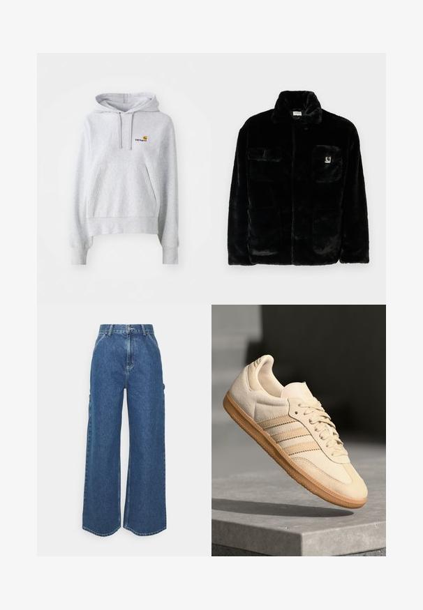 Casaco de pele sintética preta com colarinho, dois bolsos frontais e um pequeno patch de logo no lado superior esquerdo. Textura suave e ajustamento descontraído.; Sweatshirt capuz cinza claro feito de um tecido de mistura de algodão, com um bolso canguru frontal e um pequeno logo bordado no peito.; Calças de ganga azuis de perna larga com cintura alta, costuras em contraste e bolsos laterais, apresentando um design clássico de cinco bolsos e bainhas desfiadas.; Sapatilha de camurça bege clara com sola de borracha, três riscas diagonais e uma biqueira texturizada. Apresenta o logótipo na língua e na lateral.