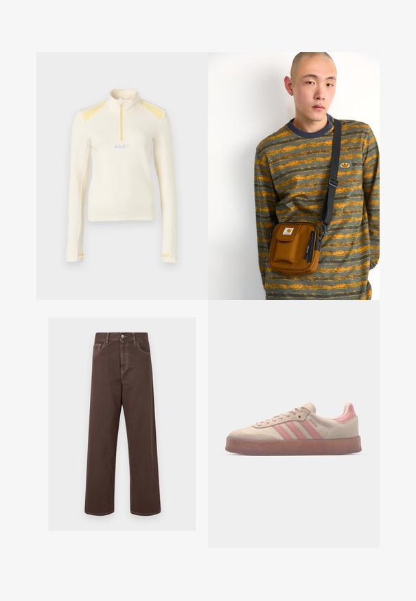 Černá bunda z umělé kožešiny s límcem, dvěma předními kapsami a malou nášivkou s logem na levém horním rohu. Měkká textura a volný střih.; Bílý dlouhý pulovr s vysokým límcem, žlutými akcenty na ramenou a malým zipem. Na přední straně lze vidět logo "ROXY" v modré barvě.; Hnědé džíny s širokými nohavicemi, kontrastním prošíváním, pěti kapsami a kovovým zapínáním. Hladká textura, rovný střih.; Béžové semišové tenisky s světle růžovými akcenty, texturovaná gumová podrážka a tři růžové pruhy po straně. Zakulacená špička a šněrovací design.; Hnědá látková kros-body taška se zipem a přední kapsou; nošená přes šedou a oranžovou pruhovanou košili s dlouhým rukávem a logem.