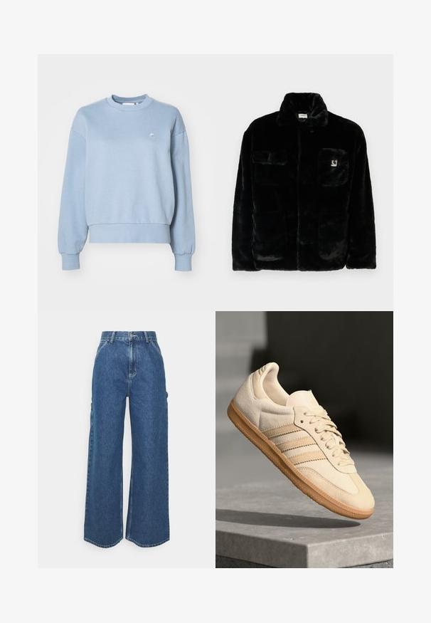 Casaco de pele sintética preta com colarinho, dois bolsos frontais e um pequeno patch de logo no lado superior esquerdo. Textura suave e ajustamento descontraído.; Carhartt WIP CASEY - Camisola - frosted blue/silver; Calças de ganga azuis de perna larga com cintura alta, costuras em contraste e bolsos laterais, apresentando um design clássico de cinco bolsos e bainhas desfiadas.; Sapatilha de camurça bege clara com sola de borracha, três riscas diagonais e uma biqueira texturizada. Apresenta o logótipo na língua e na lateral.