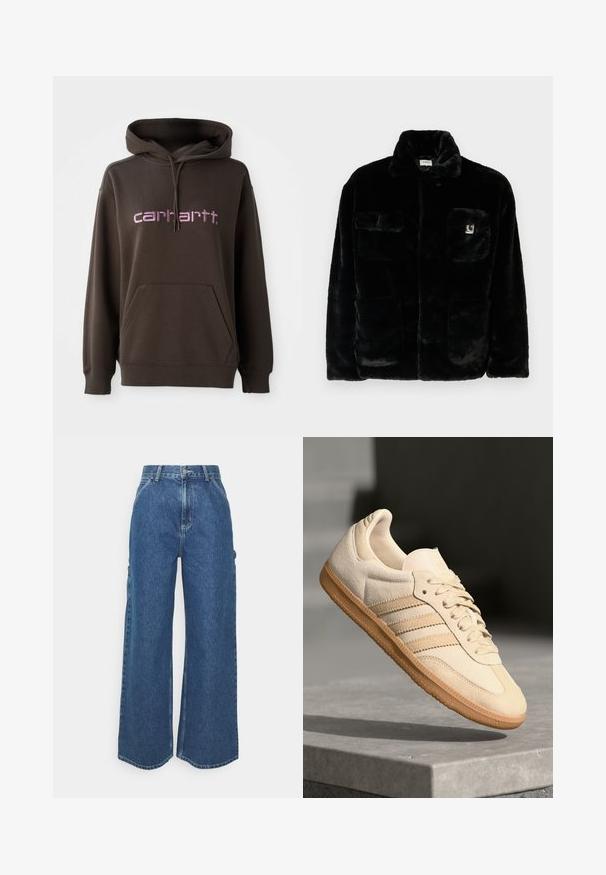 Svart fuskepelsjakke med krage, to forlommer og et lite logomerke på øvre venstre side. Myk tekstur og avslappet passform.; Brun hettegenser med frontlomme i kenguru-stil, med rosa skrifttype av merket "carhartt." Laget av mykt stoff med teksturert finish.; Videbeinete blå denimbukser med høy midje, kontraststing, og sidelommer, med et klassisk fem-lommers design og rå kanter.; Lys beige suedette sneakers med gummisåle, tre diagonale striper og en teksturert tåhette. Har logo på tungen og siden.