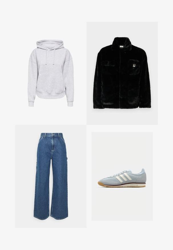 Chaqueta de pelaje sintético negro con un collar, dos bolsillos frontales y un pequeño parche con logo en la parte superior izquierda. Textura suave y ajuste relajado.; Sudadera con capucha gris de corte relajado, con cordones, puños acanalados y un bolsillo delantero. Fabricada con una suave tela texturizada.; Pantalones vaqueros de pierna ancha en azul con cintura alta, costuras en contraste y bolsillos laterales, que cuentan con un diseño clásico de cinco bolsillos y dobladillos sin rematar.; Zapatilla de ante azul claro con tres rayas blancas, suela de goma y malla texturizada. Presenta una puntera lisa y un logotipo en el talón.