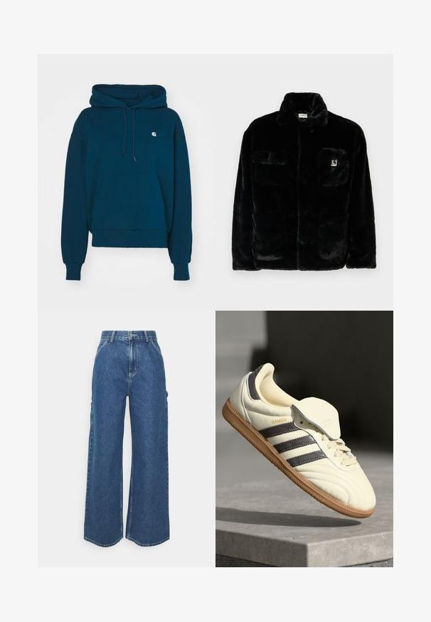 Melnā mākslīgā kažokādas jaka ar apkakli, divām priekšējām kabatām un mazu logo uzlīmi augšējā kreisajā pusē. Mīksta tekstūra un brīva piegriezuma.; Tumši zilais dūnīgs krekls ar kapuci un aukliņu, kenguru kabatu, ribotām piedurknēm un apakšmalu; ar mazu logotipu uz krūšu kabatas.; Platleņķa zili džinsi ar augstu jostasvietu, kontrastējošām šuvēm un sānu kabatām, ar klasisku piecu kabatu dizainu un neapstrādātiem malām.; Krēmkrāsas ādas tenisbikses ar trim tumšiem svītrām, brūnu gumijas zoli un noapaļotu purngalu. Iezīme ir locījamā mēle ar uzrakstu "SAMBA".