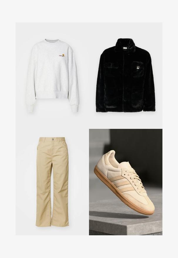 Veste en fausse fourrure noire avec un col, deux poches avant et un petit patch logo sur le côté supérieur gauche. Texture douce et coupe décontractée.; Sweatshirt gris à col rond en tissu doux avec des poignets et un ourlet côtelés ; présente un logo brodé sur la poitrine en jaune et bordeaux.; Pantalons larges en coton beige avec une texture lisse, dotés de poches avant et d'un bouton en argent à la taille.; Sneaker en suède beige clair avec semelle en gomme, trois rayures diagonales et un capuchon de pied texturé. Logo sur la languette et sur le côté.