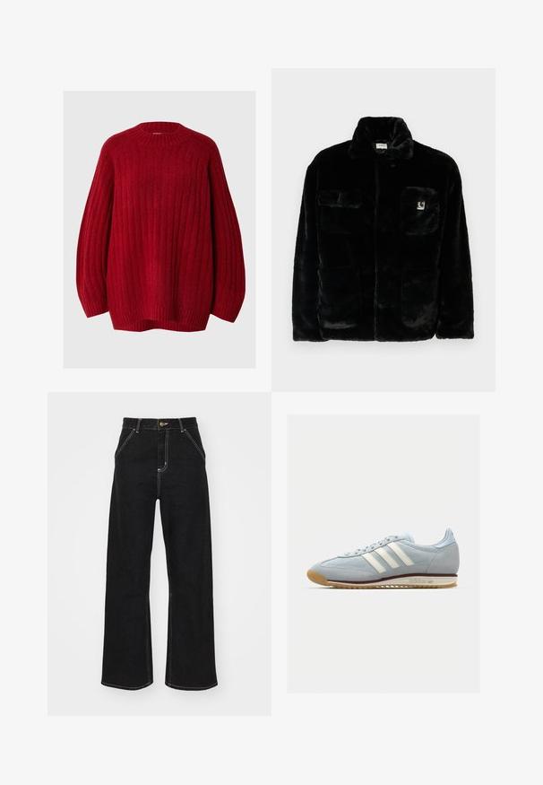 Schwarze Kunstpelzjacke mit Kragen, zwei Fronttaschen und einem kleinen Logo-Patch auf der oberen linken Seite. Weicher Stoff und lässige Passform.; Roter gerippter Pullover mit rundem Halsausschnitt, überschnittenen Schultern und lockerer Passform. Hergestellt aus strukturiertem Stoff mit einem warmen, weichen Aussehen.; Schwarze weit geschnittene Jeans aus Denim, mit kontrastierenden weißen Nähten und einem vorderen Knopfverschluss, ausgestattet mit zwei schrägen Fronttaschen.; Hellblaue Wildledersneaker mit weißen drei Streifen, Gummisohle und strukturiertem Mesh. Verfügt über eine glatte Zehenkappe und Branding an der Ferse.