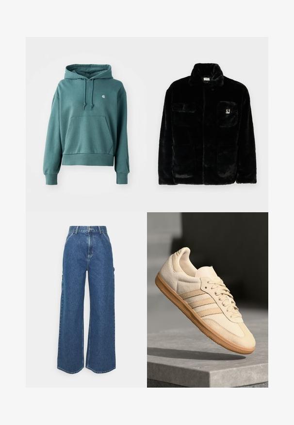 Giacca in pelliccia sintetica nera con colletto, due tasche frontali e una piccola toppa con logo sul lato sinistro in alto. Texture morbida e vestibilità rilassata.; Felpa con cappuccio color teal realizzata in tessuto morbido, dotata di tasca a marsupio, polsini elastici e un piccolo logo sul petto.; Pantaloni in denim blu a gamba larga con vita alta, cuciture a contrasto e tasche laterali, caratterizzati da un classico design a cinque tasche e orli grezzi.; Sneaker in suede beige chiaro con suola in gomma, tre strisce diagonali e punta con texture. Presenta il logo sulla linguetta e sul lato.