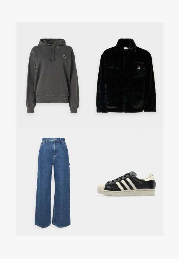 Czarna kurtka z futra syntetycznego z kołnierzem, dwoma przednimi kieszeniami i małą naszywką z logo na górze po lewej stronie. Miękka tekstura i luźny krój.; Carhartt WIP NELSON ciemnoszary; Szerokie niebieskie dżinsowe spodnie z wysokim stanem, kontrastowymi szwami i bocznymi kieszeniami, z klasycznym pięciokieszeniowym wzorem i surowymi brzegami.; Czarne skórzane trampki z białymi paskami, gumowym czubkiem, czarnymi sznurówkami i kremową podeszwą. Gładka faktura z połyskującym wykończeniem.