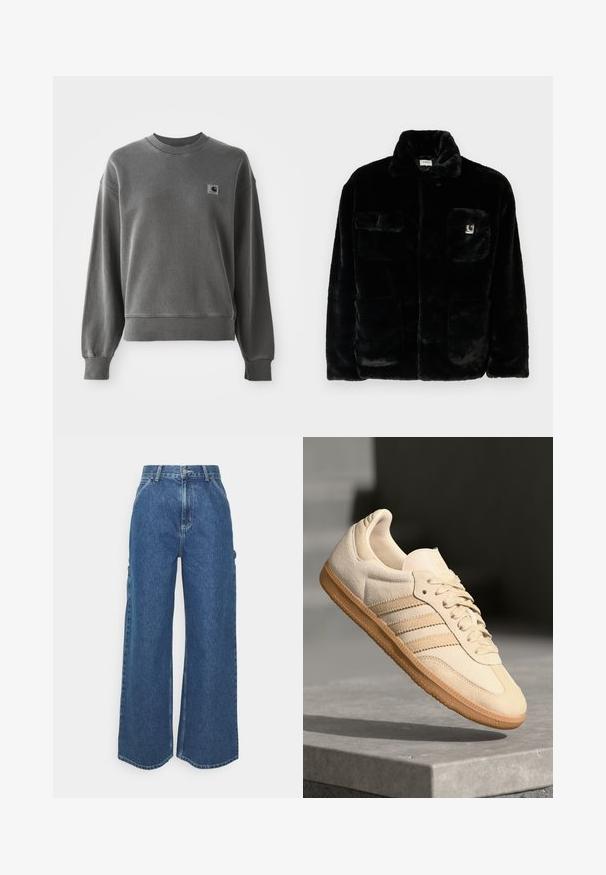 Casaco de pele sintética preta com colarinho, dois bolsos frontais e um pequeno patch de logo no lado superior esquerdo. Textura suave e ajustamento descontraído.; Sweatshirt cinza de pulôver, feito em uma mistura de algodão suave, com gola redonda, punhos canelados e um pequeno patch com logo no lado esquerdo do peito.; Calças de ganga azuis de perna larga com cintura alta, costuras em contraste e bolsos laterais, apresentando um design clássico de cinco bolsos e bainhas desfiadas.; Sapatilha de camurça bege clara com sola de borracha, três riscas diagonais e uma biqueira texturizada. Apresenta o logótipo na língua e na lateral.