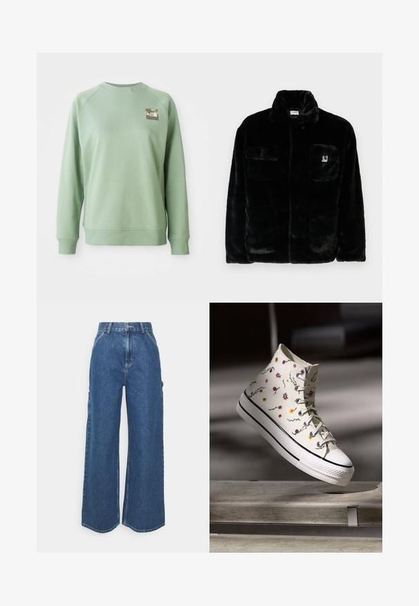 Črna umetna krznena jakna s ovratnikom, dvema sprednjima žepoma in majhnim logotipom na zgornji levi strani. Mehka tekstura in sproščen kroj.; Zelena pulover s krojnim ovratnikom, ribastimi manšetami in robom. Ima majhen cvetlični grafični motiv na zgornjem levem delu prsnega koša. Gladka tekstura.; Široke modre denim hlače z visokim pasom, kontrastnim šivom in stranskimi žepi, ki vključujejo klasičen pet-džepni dizajn in robove brez obdelave.; Visoke superge iz kremaste kanvas tkanine, okrašene z večbarvnim cvetličnim vezenjem, z belim gumijastim podplatom in črnim poudarkom.
