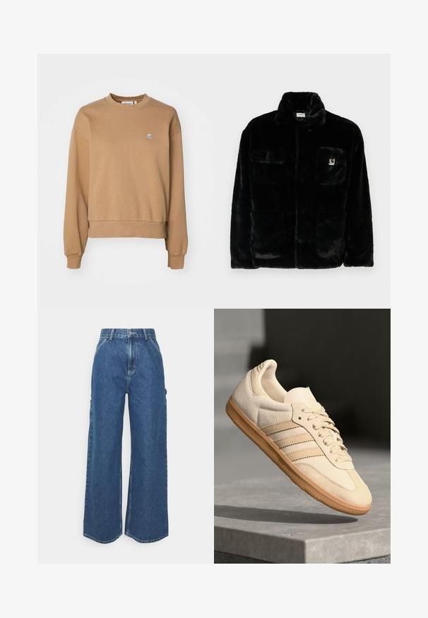 Casaco de pele sintética preta com colarinho, dois bolsos frontais e um pequeno patch de logo no lado superior esquerdo. Textura suave e ajustamento descontraído.; Carhartt WIP CASEY - Camisola - peanut/silver; Calças de ganga azuis de perna larga com cintura alta, costuras em contraste e bolsos laterais, apresentando um design clássico de cinco bolsos e bainhas desfiadas.; Sapatilha de camurça bege clara com sola de borracha, três riscas diagonais e uma biqueira texturizada. Apresenta o logótipo na língua e na lateral.