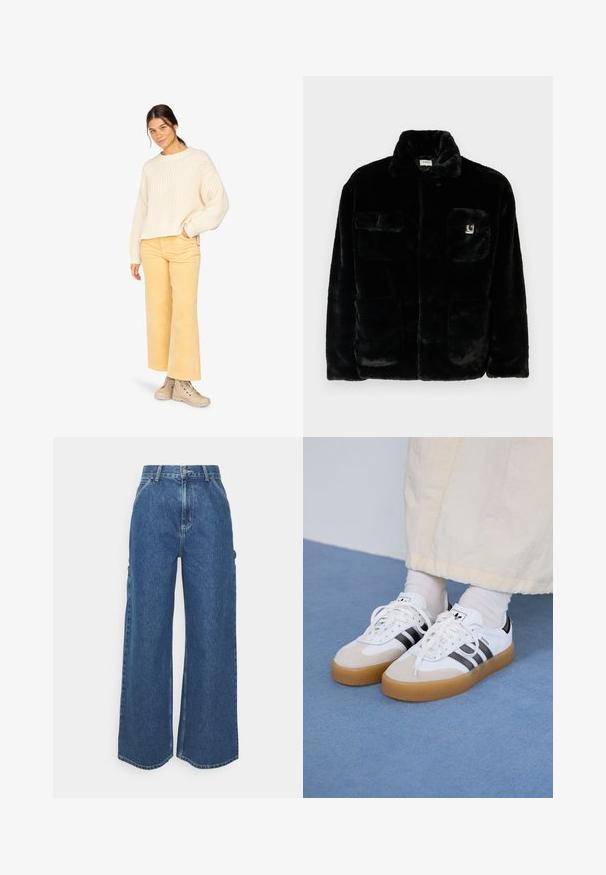 Schwarze Kunstpelzjacke mit Kragen, zwei Fronttaschen und einem kleinen Logo-Patch auf der oberen linken Seite. Weicher Stoff und lässige Passform.; Cremfarbener, gestrickter Pullover mit weiten Ärmeln, kombiniert mit hellgelben Cord-Hosen und beigen Schnürstiefeln. Schlichtes und strukturiertes Design.; Weite blaue Denim-Hosen mit hoher Taille, kontrastierenden Nähten und Seitentaschen, ausgestattet mit einem klassischen Five-Pocket-Design und rohen Säumen.; Weiße Sneaker mit schwarzen Streifen und beigen Wildlederakzenten. Besitzen eine strukturierte Gummisohle und flache weiße Schnürsenkel, getragen mit hellen Socken.