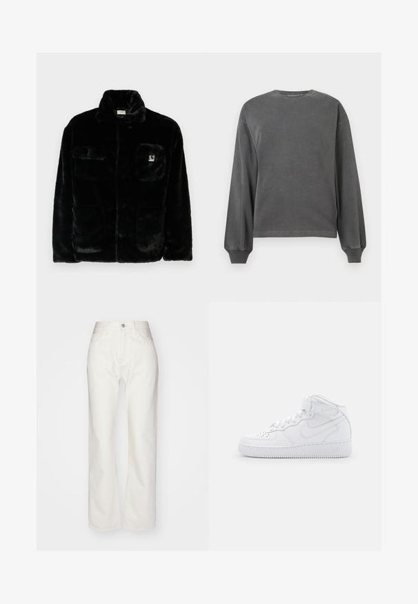 Must have kunstkarva jope kraega, kahe esikotiga ja väikese logo kleebisega vasakul ülal. Pehme tekstuur ja lõdva lõikega.; Hallide hallane pikkade varrukatega sviitriga ümar kaelus, valmistatud pehmest kangast. Omab ribakoodi varrukaotsasid ja vabalt langevat lõiget. Minimalistlik disain, ilma mustriteta.; Valged denim püksid kõrge vöökoht ja laia säärega. Omab nupuvajutust ja tõmblukku, vöö loops ja peene õmblemise detailid.; Valged kõrged tennisekesed, mis on valmistatud nahast, pehmendatud krae, augustatud varvas, nöörid ja reguleeritav pahkluu rihm; logo külgedel.