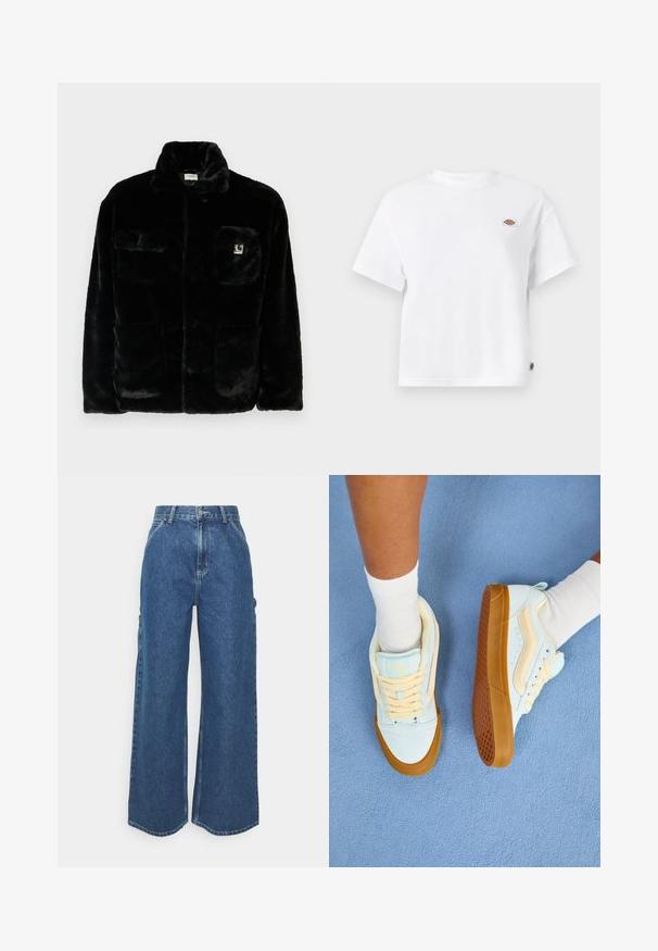 Casaco de pele sintética preta com colarinho, dois bolsos frontais e um pequeno patch de logo no lado superior esquerdo. Textura suave e ajustamento descontraído.; T-shirt de algodão branco com um corte relaxado, apresentando um pequeno logótipo na parte do peito e uma etiqueta na lateral para um detalhe adicional.; Calças de ganga azuis de perna larga com cintura alta, costuras em contraste e bolsos laterais, apresentando um design clássico de cinco bolsos e bainhas desfiadas.; Tenis azul claro com detalhes em creme, apresentando atacadores, uma sola de borracha e aderência texturizada. Usados com meias brancas até ao tornozelo sobre uma superfície azul.