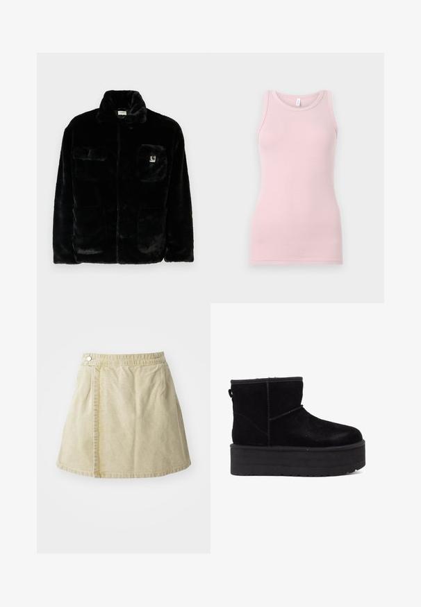 Juodas dirbtinio kailio švarkas su apykakle, dviem priekinėmis kišenėmis ir mažo logotipo užkulniu viršuje kairėje pusėje. Minkšta tekstūra ir laisvas kirpimas.; Šviesiai rožinė liemenėlė, pagaminta iš švelnaus, tampraus audinio. Turi apvalią iškirptę ir siaurus petnešėles, su lygiu paviršiumi ir prigludusia forma.; Kaki mini sijonas, pagamintas iš minkštos medžiagos, su šoniniu mygtuko uždarymu, lygiu paviršiumi ir šiek tiek išsiplėtusia siluetu, kurio apatinė dalis yra virš kelių.; Juodi zomšiniai kulkšniniai batai su storu platformos padu ir minkštu pamušalu. Baigti siuvinėjimo akcentais ir gale esančia kilpa, skirta patogiam užsidėjimui.