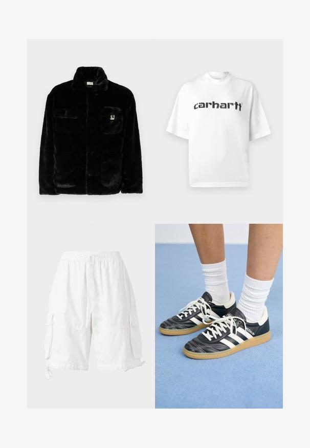 Must have kunstkarva jope kraega, kahe esikotiga ja väikese logo kleebisega vasakul ülal. Pehme tekstuur ja lõdva lõikega.; Valge puuvillane t-särk ümara kaelusega ja lühikeste varrukatega. Rinnal on must "carhartt" logo. Lihtne disain, mugav lõige.; Valged cargo lühikesed püksid elastse vöökoha ja nööriga, millel on kaks külgetaskut ja reguleeritavad alumised nöörid. Tehtud kergest kangast.; Mustad nahast tennisetossud valgete triipudega, ümar nina, valged paelad ja kummist tallad. Esiletõstetud pehmendatud krae ja brändingu detailid.