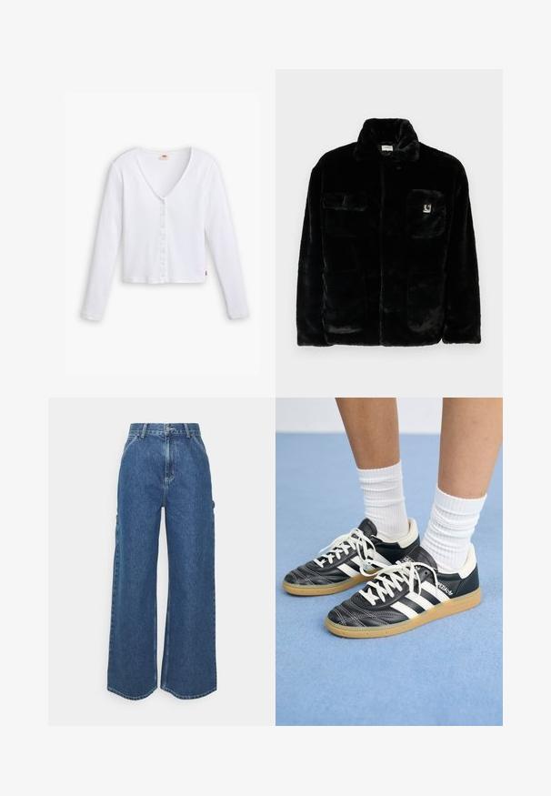 Fekete műszőrme dzseki gallérral, két elülső zsebbel és egy kis logóval a bal felső oldalon. Puha tapintás és laza fazon.; Fehér, hosszú ujjú, bordázott póló V-kivágással, gombos elejével és egyenes aljával. Kisebb márkacímke található az alsó oldalon.; Széles szárú, kék farmernadrág magas derékkal, kontrasztos varrással és oldalsó zsebekkel, klasszikus öt zsebes kialakítással és nyers szegéllyel.; Fekete bőr sportcipők fehér csíkokkal, kerek orral, fehér fűzővel és gumírozott talppal. Párnázott bokarész és márkajelzések emelik ki.