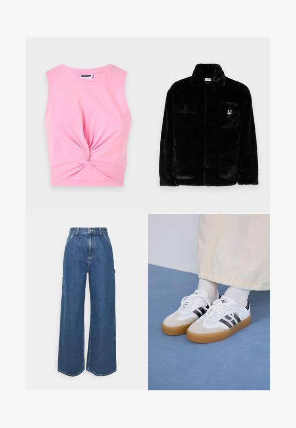 Fekete műszőrme dzseki gallérral, két elülső zsebbel és egy kis logóval a bal felső oldalon. Puha tapintás és laza fazon.; Rózsaszín, ujjatlan cropped top, elöl megkötött részlettel, puha pamutanyagból készült, sima textúrával.; Széles szárú, kék farmernadrág magas derékkal, kontrasztos varrással és oldalsó zsebekkel, klasszikus öt zsebes kialakítással és nyers szegéllyel.; Fehér sportcipő fekete csíkokkal és bézs velúr részletekkel. Texturált gumi talppal és lapos fehér fűzőkkel rendelkezik, világos színű zoknival viselve.